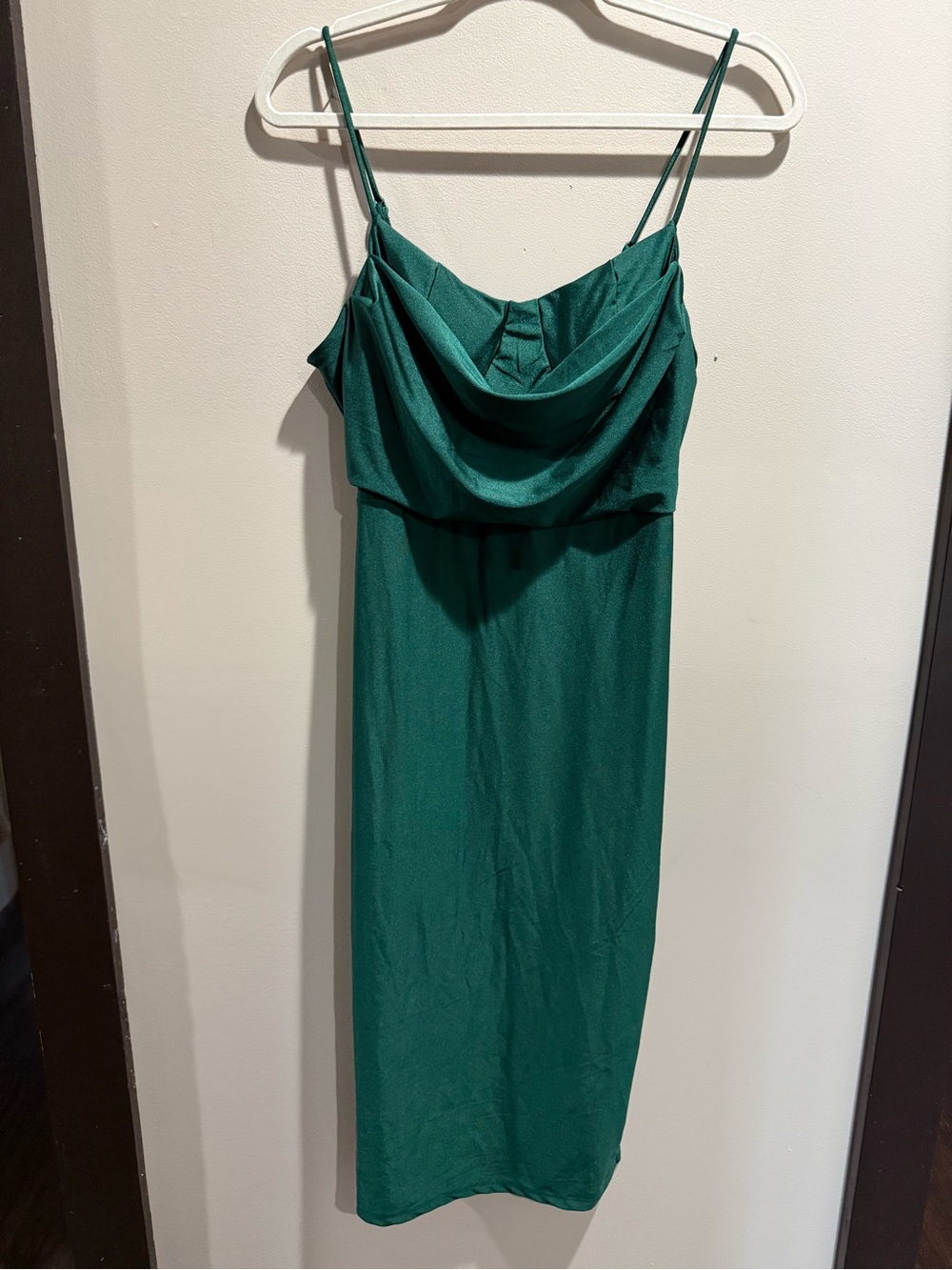 Satin Cowl Neck Midi Dress in Emerald Green Large